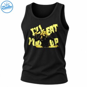 I'll Eat You Up distressed pop music shirt with pale yellow lettering and a blonde performer holding a microphone