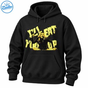 I'll Eat You Up distressed pop music shirt with pale yellow lettering and a blonde performer holding a microphone