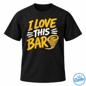 I Love This Bar shirt design with golden-yellow lettering, white accents, and a yellow-and-black tornado graphic