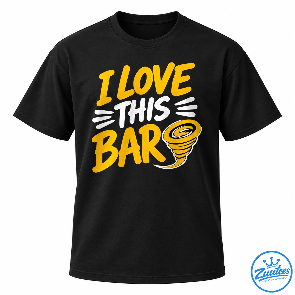 I Love This Bar Country Music Toby Keith Shirt I Love This Bar shirt design with golden-yellow lettering, white accents, and a yellow-and-black tornado graphic