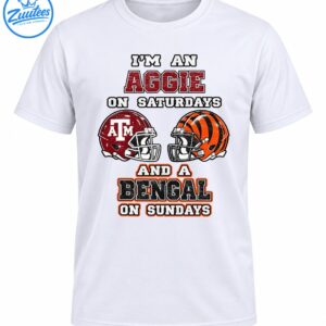 Aggie on Saturdays and Bengal on Sundays shirt design with maroon and orange football helmets