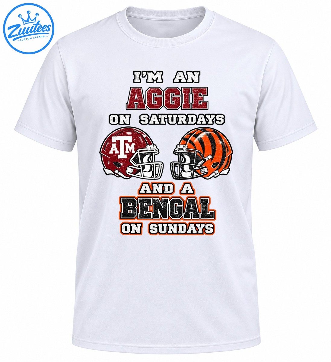 Aggie on Saturdays and Bengal on Sundays shirt design with maroon and orange football helmets Aggie on Saturdays and Bengal on Sundays shirt design with maroon and orange football helmets