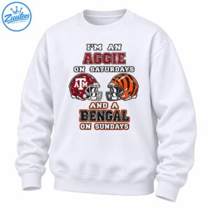 Aggie on Saturdays and Bengal on Sundays shirt design with maroon and orange football helmets