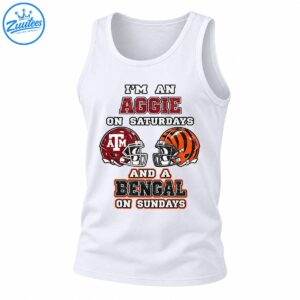Aggie on Saturdays and Bengal on Sundays shirt design with maroon and orange football helmets