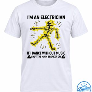 Dancing black and white skeleton surrounded by bright yellow lightning bolts and an electric burst on a black shirt.