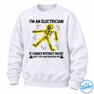 Dancing black and white skeleton surrounded by bright yellow lightning bolts and an electric burst on a black shirt.