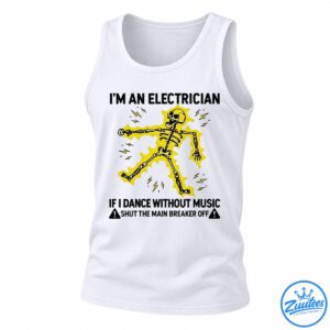 Dancing black and white skeleton surrounded by bright yellow lightning bolts and an electric burst on a black shirt.