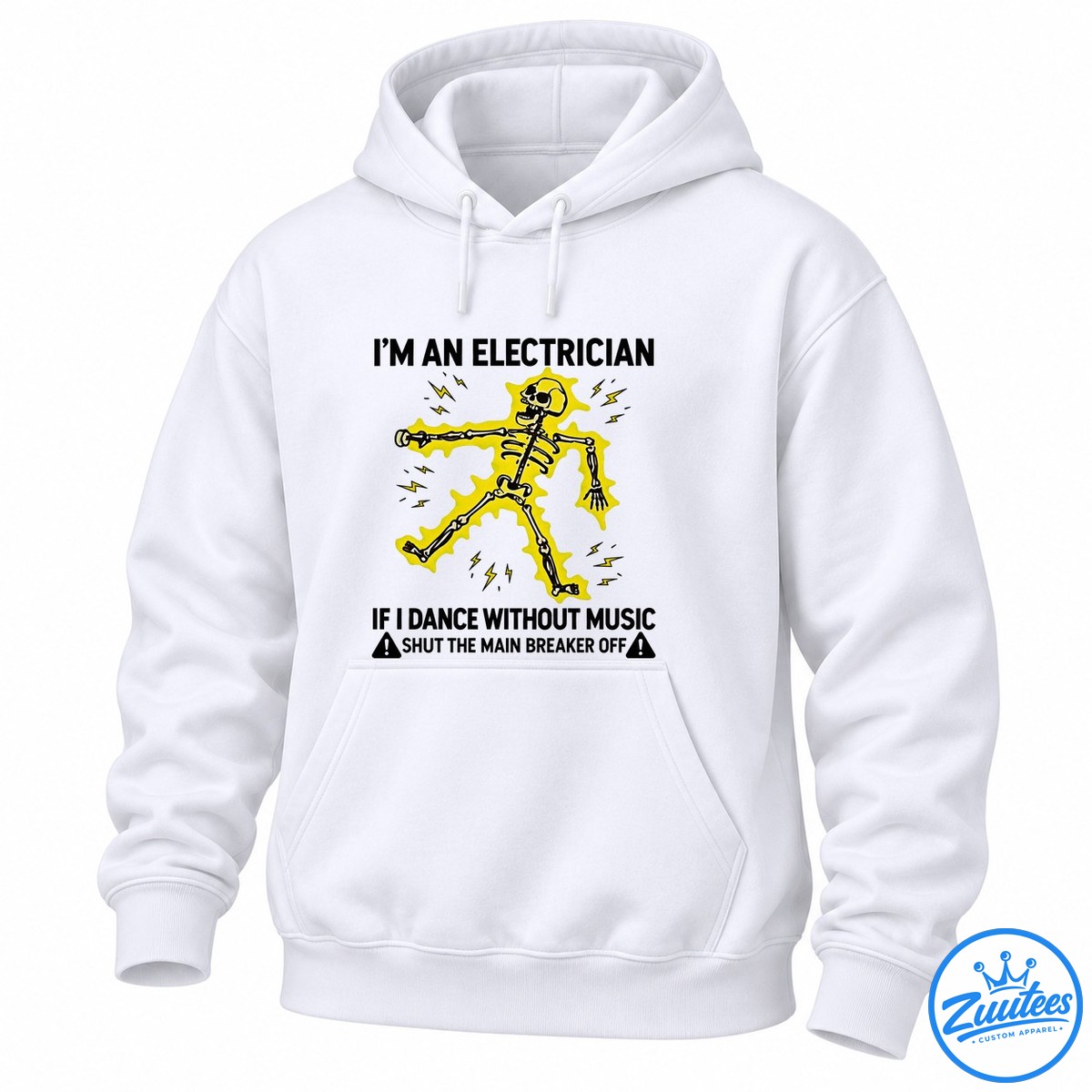 I’m An Electrician If I Dance Without Music Shut The Main Breaker Off Shirt Dancing black and white skeleton surrounded by bright yellow lightning bolts and an electric burst on a black shirt.