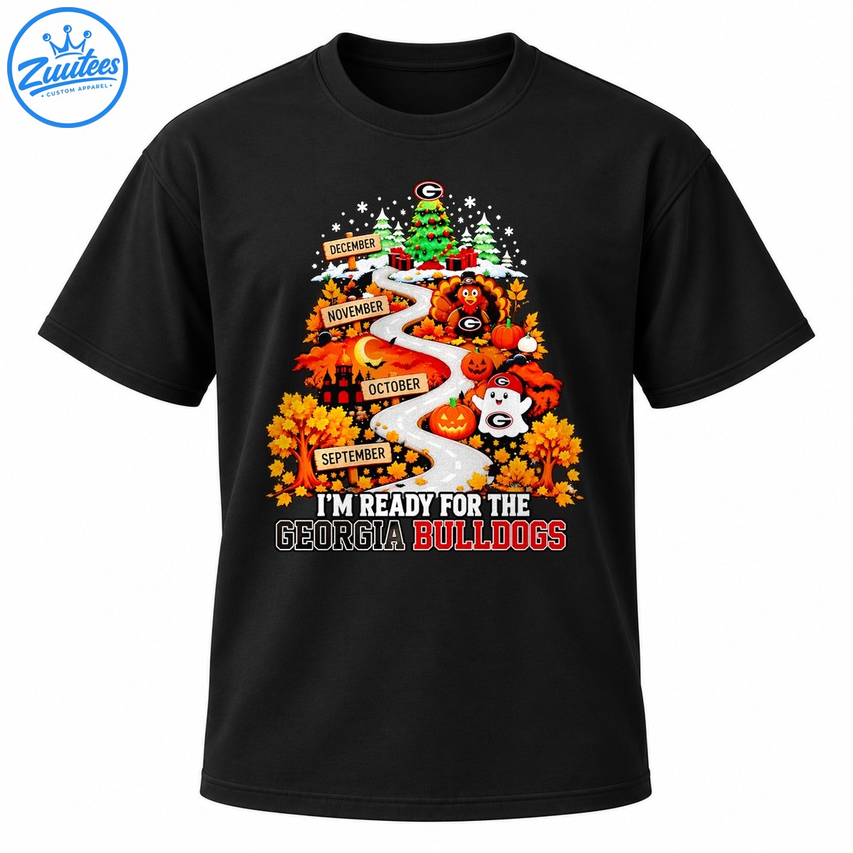 Georgia Bulldogs fall road to Christmas design with a winding road, autumn leaves, pumpkins, turkey, ghost, and Christmas tree Georgia Bulldogs fall road to Christmas design with a winding road, autumn leaves, pumpkins, turkey, ghost, and Christmas tree