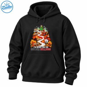 Georgia Bulldogs fall road to Christmas design with a winding road, autumn leaves, pumpkins, turkey, ghost, and Christmas tree