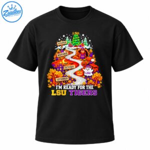 LSU Tigers fall road to Christmas design with a winding road, autumn leaves, pumpkins, turkey, ghost, and Christmas tree