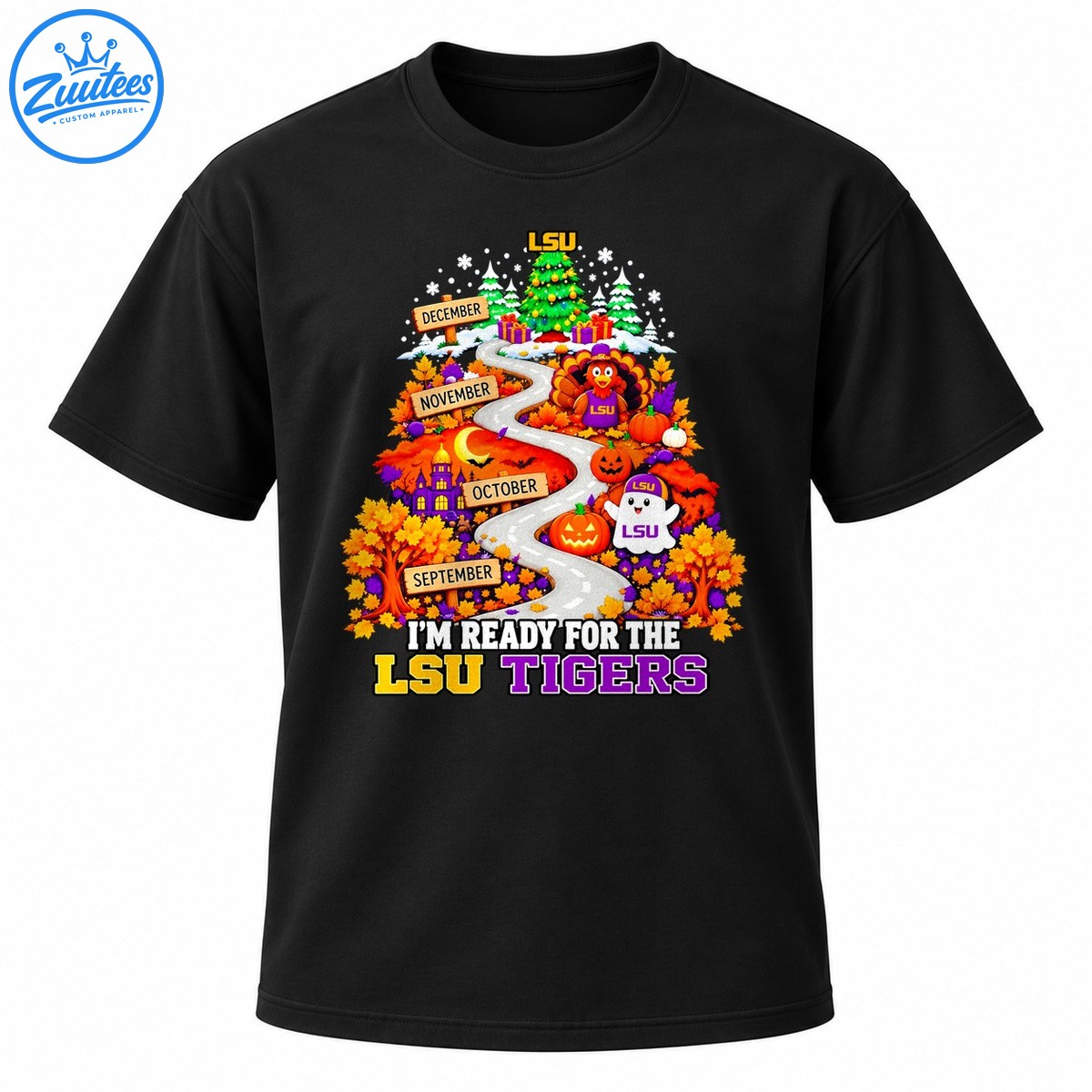 LSU Tigers fall road to Christmas design with a winding road, autumn leaves, pumpkins, turkey, ghost, and Christmas tree LSU Tigers fall road to Christmas design with a winding road, autumn leaves, pumpkins, turkey, ghost, and Christmas tree