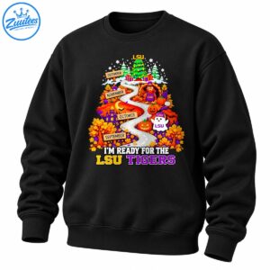 LSU Tigers fall road to Christmas design with a winding road, autumn leaves, pumpkins, turkey, ghost, and Christmas tree