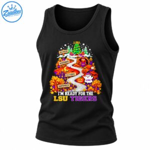 LSU Tigers fall road to Christmas design with a winding road, autumn leaves, pumpkins, turkey, ghost, and Christmas tree