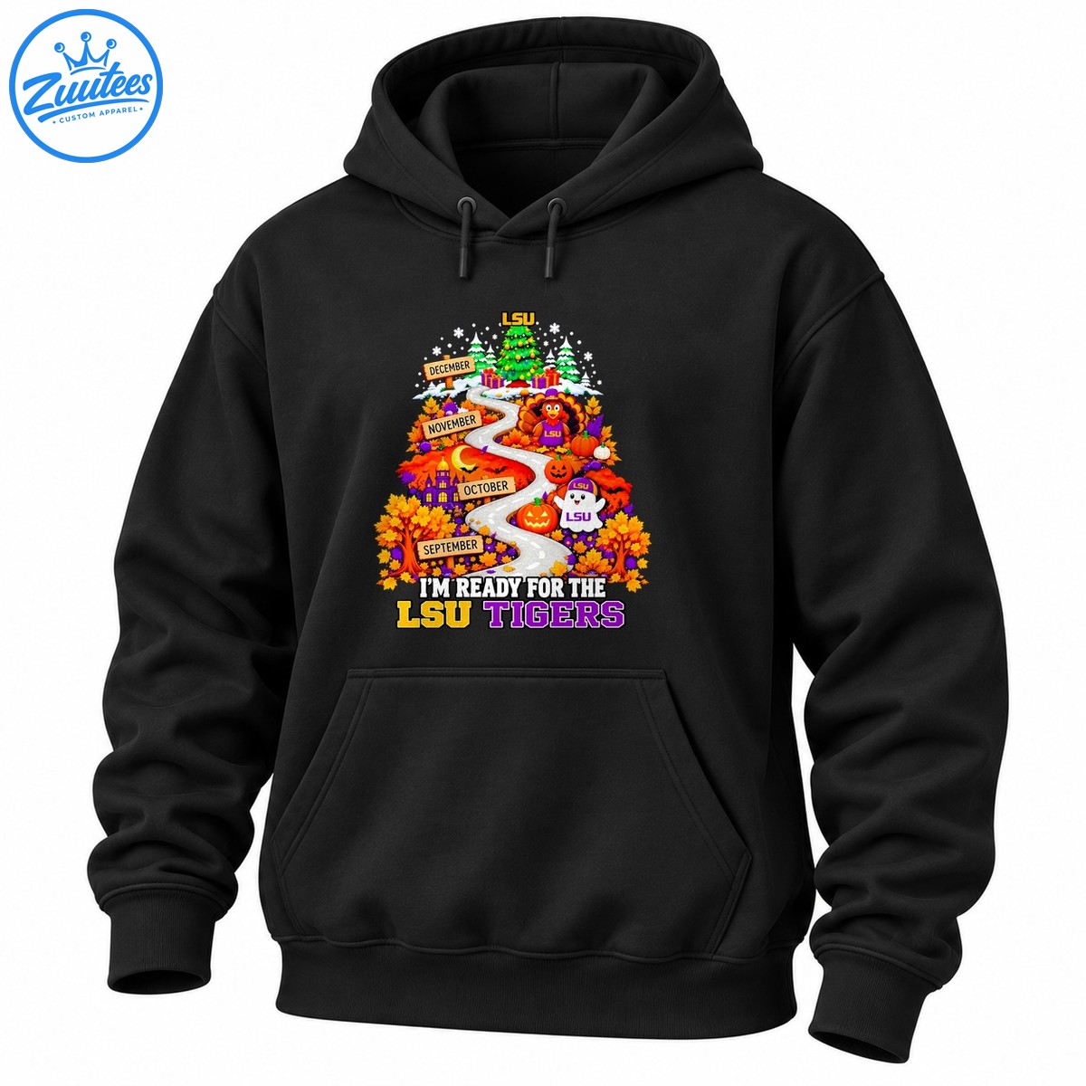 LSU Tigers fall road to Christmas design with a winding road, autumn leaves, pumpkins, turkey, ghost, and Christmas tree LSU Tigers fall road to Christmas design with a winding road, autumn leaves, pumpkins, turkey, ghost, and Christmas tree