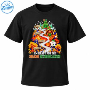 Miami Hurricanes fall shirt with a winding seasonal road, autumn leaves, pumpkins, a turkey, a ghost, and a Christmas tree