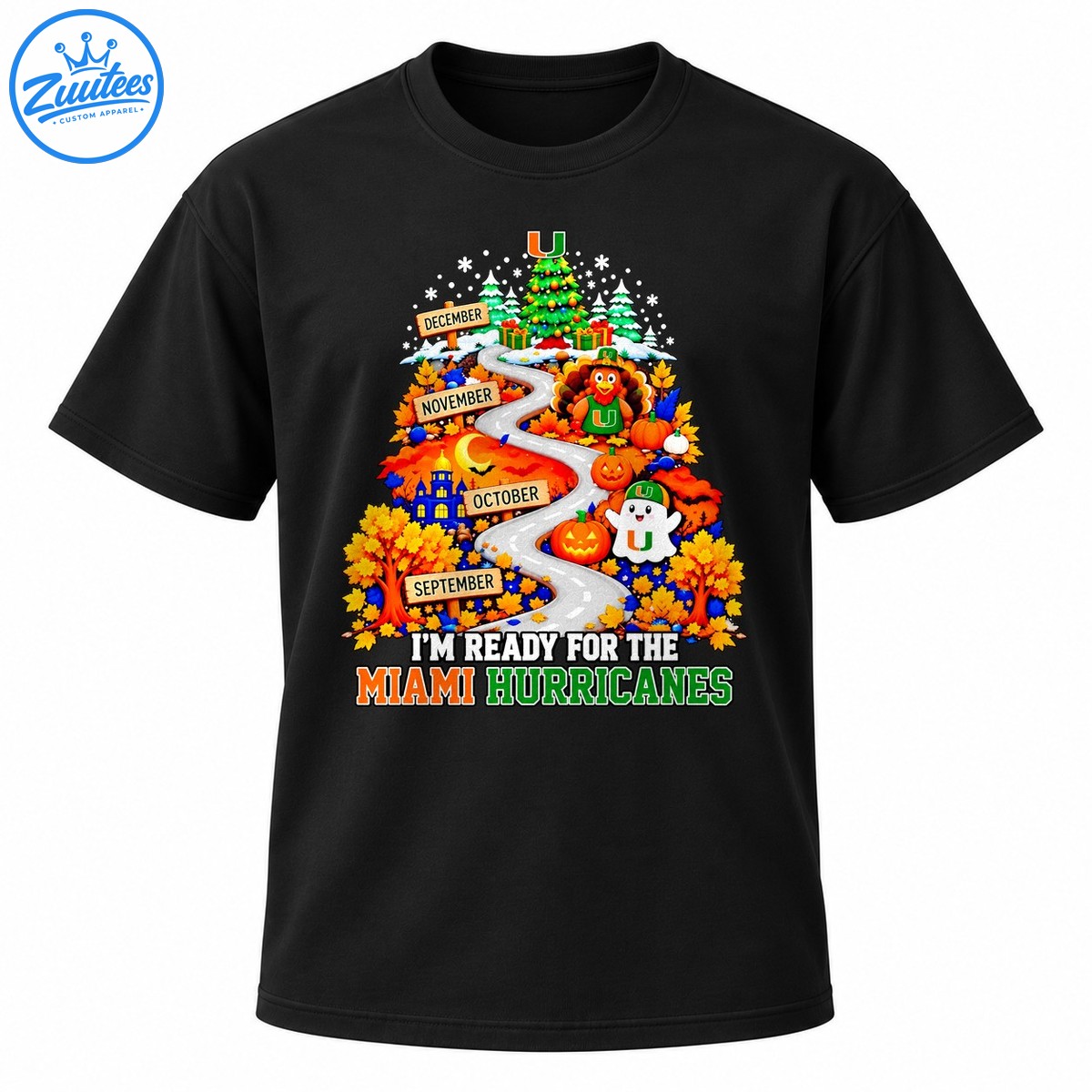 Miami Hurricanes fall shirt with a winding seasonal road, autumn leaves, pumpkins, a turkey, a ghost, and a Christmas tree Miami Hurricanes fall shirt with a winding seasonal road, autumn leaves, pumpkins, a turkey, a ghost, and a Christmas tree