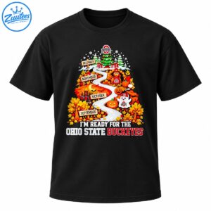 Ohio State Buckeyes fall to Christmas design with a winding road, autumn leaves, pumpkins, ghost, turkey, and Christmas tree