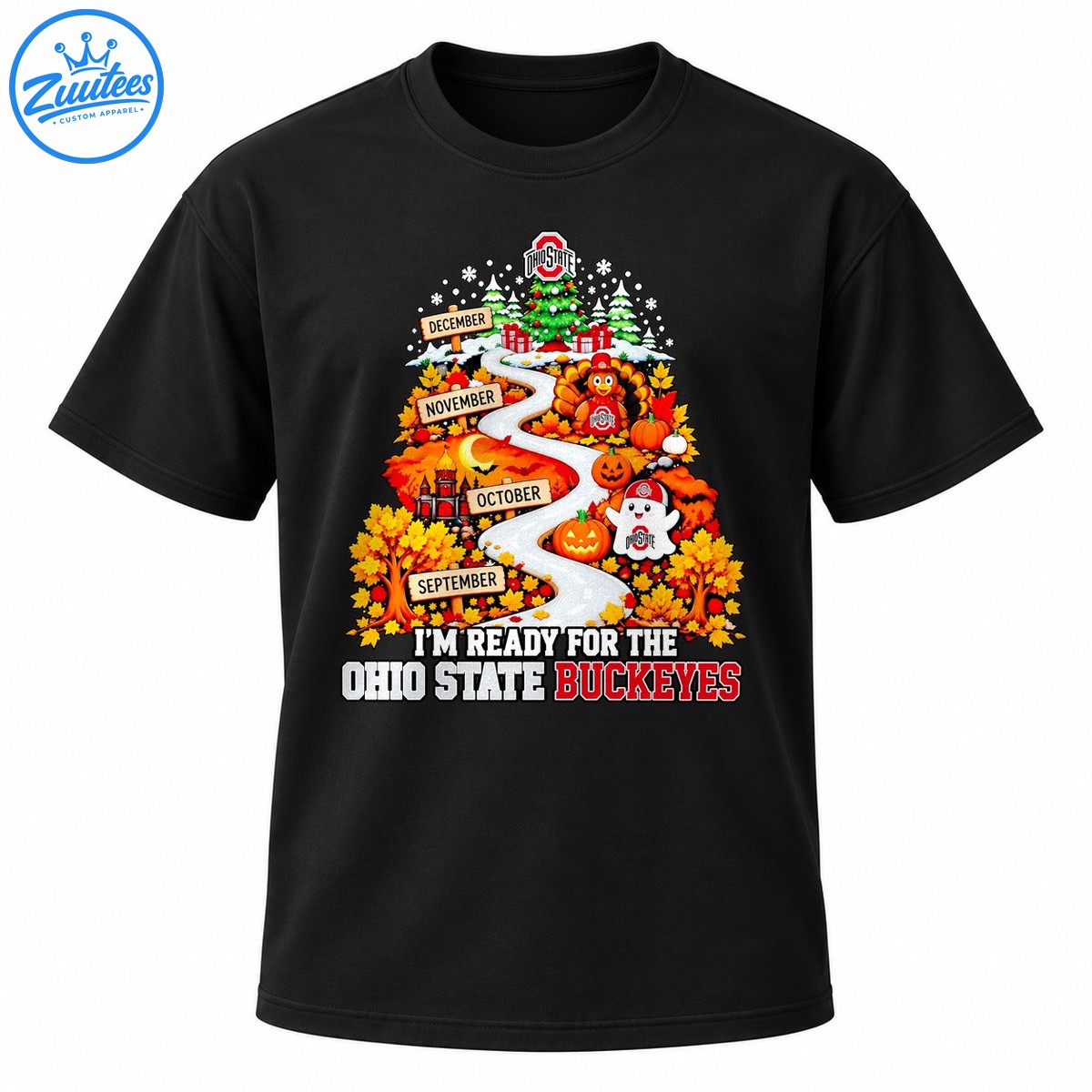 Ohio State Buckeyes fall to Christmas design with a winding road, autumn leaves, pumpkins, ghost, turkey, and Christmas tree Ohio State Buckeyes fall to Christmas design with a winding road, autumn leaves, pumpkins, ghost, turkey, and Christmas tree