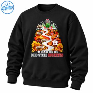 Ohio State Buckeyes fall to Christmas design with a winding road, autumn leaves, pumpkins, ghost, turkey, and Christmas tree