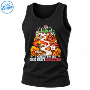 Ohio State Buckeyes fall to Christmas design with a winding road, autumn leaves, pumpkins, ghost, turkey, and Christmas tree