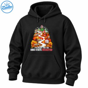 Ohio State Buckeyes fall to Christmas design with a winding road, autumn leaves, pumpkins, ghost, turkey, and Christmas tree