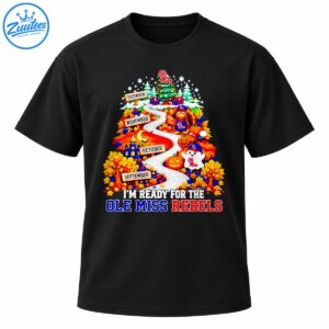 Ole Miss Rebels fall road to Christmas design with a winding road, autumn leaves, pumpkins, turkey, ghost, and Christmas tree