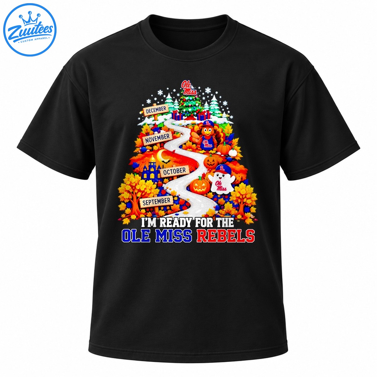Ole Miss Rebels fall road to Christmas design with a winding road, autumn leaves, pumpkins, turkey, ghost, and Christmas tree Ole Miss Rebels fall road to Christmas design with a winding road, autumn leaves, pumpkins, turkey, ghost, and Christmas tree