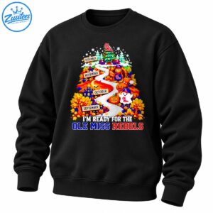 Ole Miss Rebels fall road to Christmas design with a winding road, autumn leaves, pumpkins, turkey, ghost, and Christmas tree