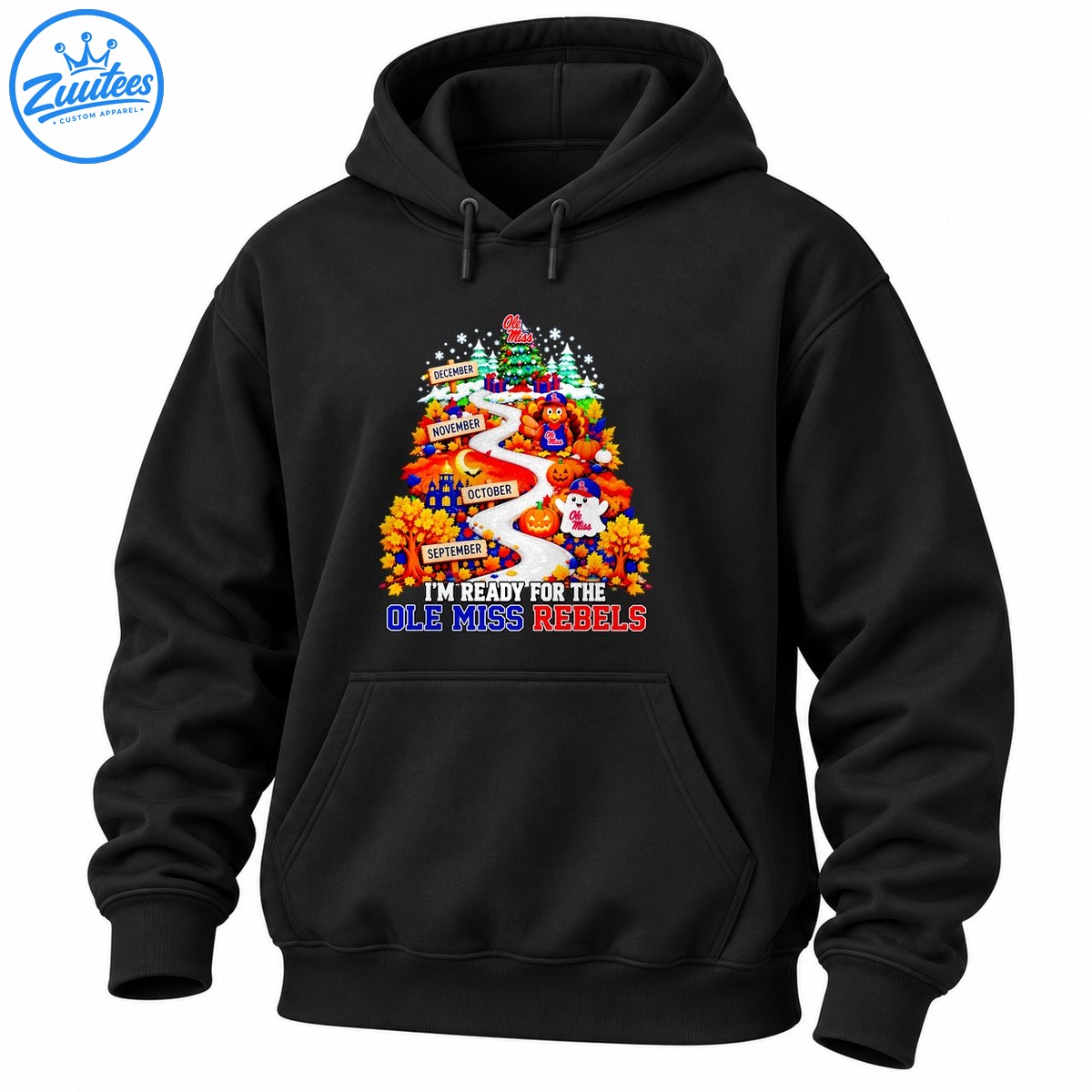 Ole Miss Rebels fall road to Christmas design with a winding road, autumn leaves, pumpkins, turkey, ghost, and Christmas tree Ole Miss Rebels fall road to Christmas design with a winding road, autumn leaves, pumpkins, turkey, ghost, and Christmas tree