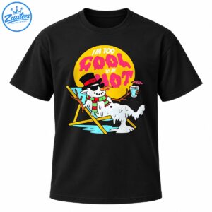 Funny melting snowman shirt design with retro pink lettering, yellow sun, sunglasses, striped scarf, lounge chair, and tropical drink.