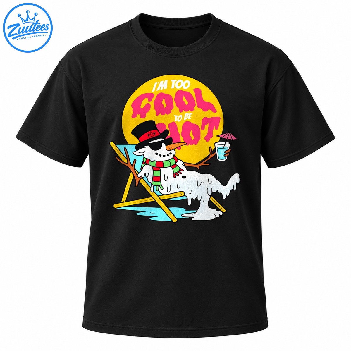 Funny melting snowman shirt design with retro pink lettering, yellow sun, sunglasses, striped scarf, lounge chair, and tropical drink. Funny melting snowman shirt design with retro pink lettering, yellow sun, sunglasses, striped scarf, lounge chair, and tropical drink.