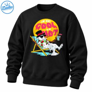 Funny melting snowman shirt design with retro pink lettering, yellow sun, sunglasses, striped scarf, lounge chair, and tropical drink.