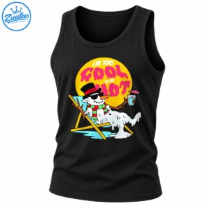 Funny melting snowman shirt design with retro pink lettering, yellow sun, sunglasses, striped scarf, lounge chair, and tropical drink.