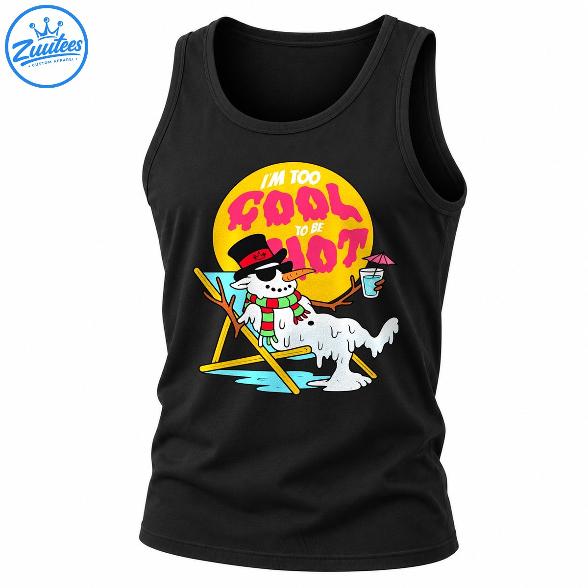 I’m Too Cool To Be Hot Melting Snowman Funny Holiday Tank Top