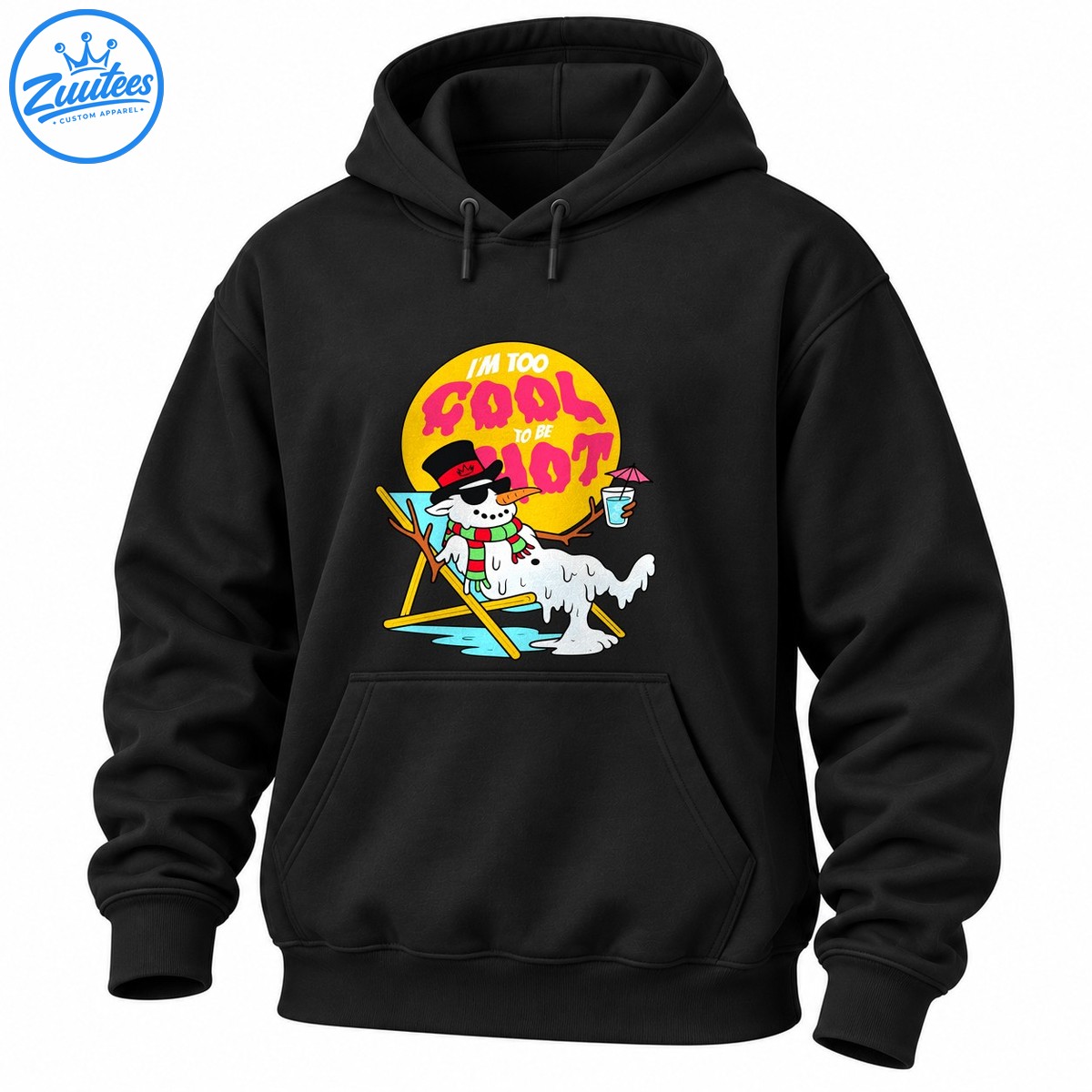 Funny melting snowman shirt design with retro pink lettering, yellow sun, sunglasses, striped scarf, lounge chair, and tropical drink. Funny melting snowman shirt design with retro pink lettering, yellow sun, sunglasses, striped scarf, lounge chair, and tropical drink.