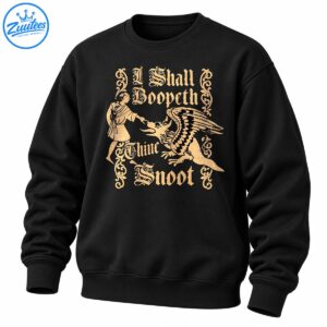 Distressed beige gothic lettering reading I Shall Boopeth Thine Snoot with a robed figure booping a winged griffin.
