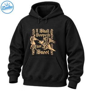 Distressed beige gothic lettering reading I Shall Boopeth Thine Snoot with a robed figure booping a winged griffin.