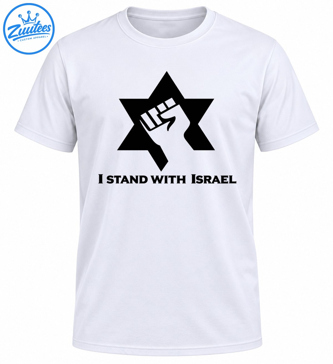 Black Star of David with a raised fist symbol above the words I Stand With Israel in bold black lettering. Black Star of David with a raised fist symbol above the words I Stand With Israel in bold black lettering.