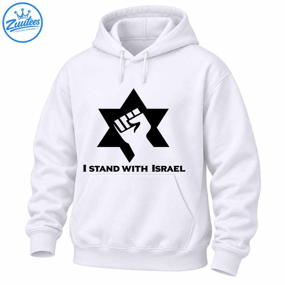 Black Star of David with a raised fist symbol above the words I Stand With Israel in bold black lettering. Black Star of David with a raised fist symbol above the words I Stand With Israel in bold black lettering.