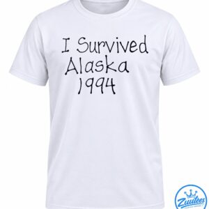 I Survived Alaska 1994 design in oversized dark navy handwritten-style lettering on a black background