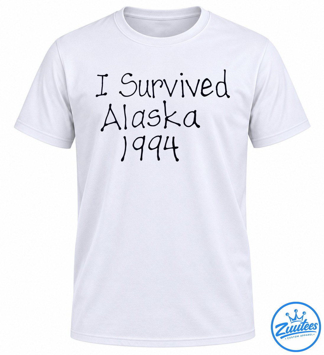 I Survived Alaska 1994 Travel Vacation Souvenir Shirt I Survived Alaska 1994 design in oversized dark navy handwritten-style lettering on a black background