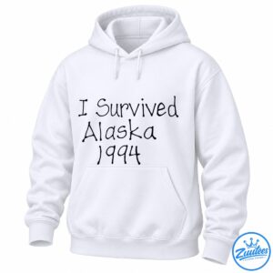 I Survived Alaska 1994 design in oversized dark navy handwritten-style lettering on a black background