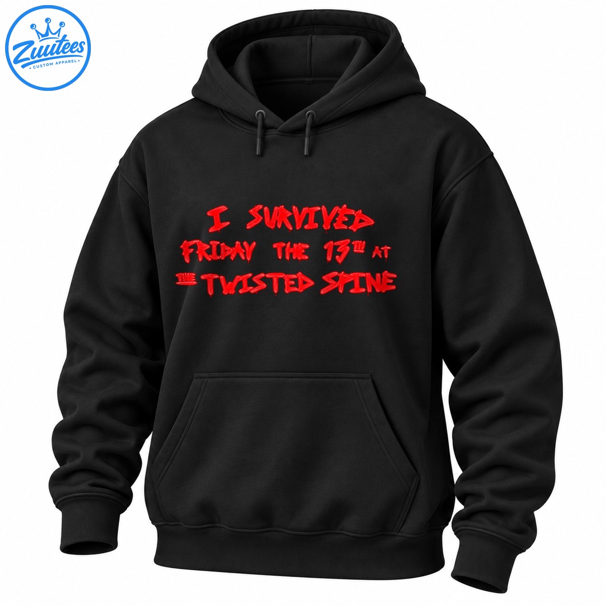 Friday the 13th horror shirt design with bold distressed red lettering reading I Survived Friday the 13th at the Twisted Spine Friday the 13th horror shirt design with bold distressed red lettering reading I Survived Friday the 13th at the Twisted Spine