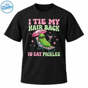 Funny I Tie My Hair Back To Eat Pickles shirt with green pickle in sunglasses lounging under a pink beach umbrella