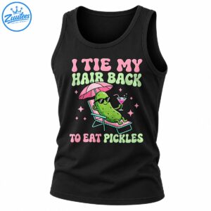 Funny I Tie My Hair Back To Eat Pickles shirt with green pickle in sunglasses lounging under a pink beach umbrella