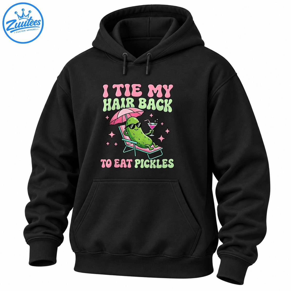 Funny I Tie My Hair Back To Eat Pickles shirt with green pickle in sunglasses lounging under a pink beach umbrella Funny I Tie My Hair Back To Eat Pickles shirt with green pickle in sunglasses lounging under a pink beach umbrella