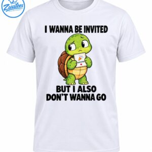 Cute worried green turtle holding a party invitation with I Wanna Be Invited But I Also Don't Wanna Go text