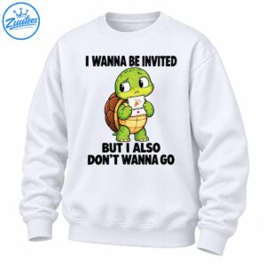 Cute worried green turtle holding a party invitation with I Wanna Be Invited But I Also Don't Wanna Go text