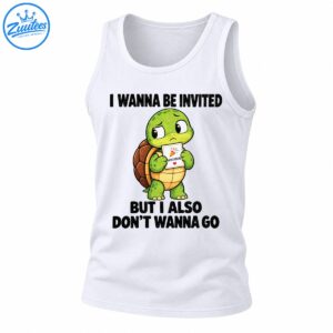 Cute worried green turtle holding a party invitation with I Wanna Be Invited But I Also Don't Wanna Go text